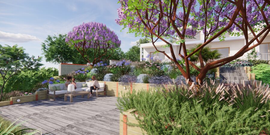 Aménagement paysager - Jardin en pente - Terrasse en bois - Mur de soutènement - Mur - Dénivelé - Parois berlinoise - Jardin paysager - Déco jardin - Paysagiste - Piscine