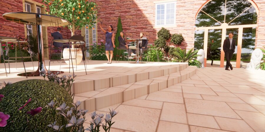 Chateau - Domaine - Parc - Aménagement paysager - Allée - Chemin - Aménagement - Paysagiste - Rendu - Visuel - Conception - Gite - Hotel - Pergola - Haie - Spa - Jacuzzi - Terrasse - Réception - Mariage